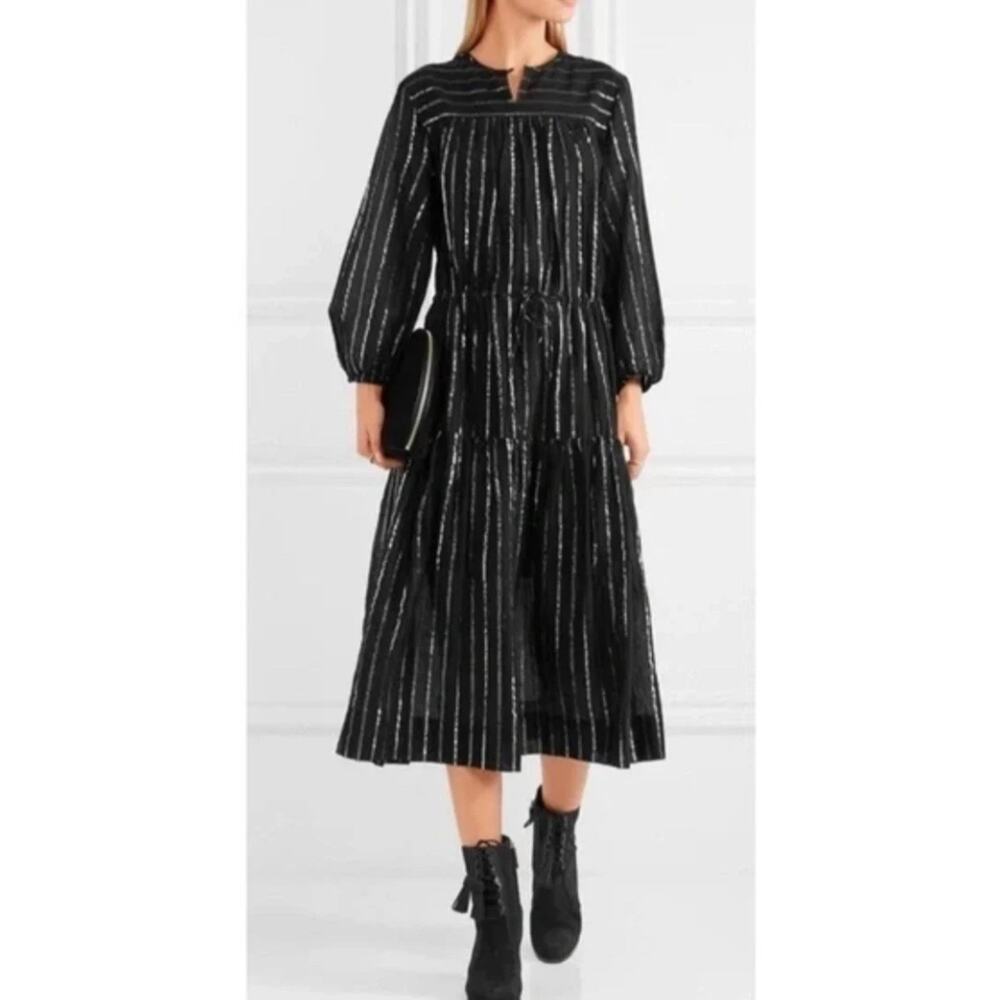 Isabel Marant Etoile Black Silver Metallic Stripe Midi Dress Cotton Size 34 US 2